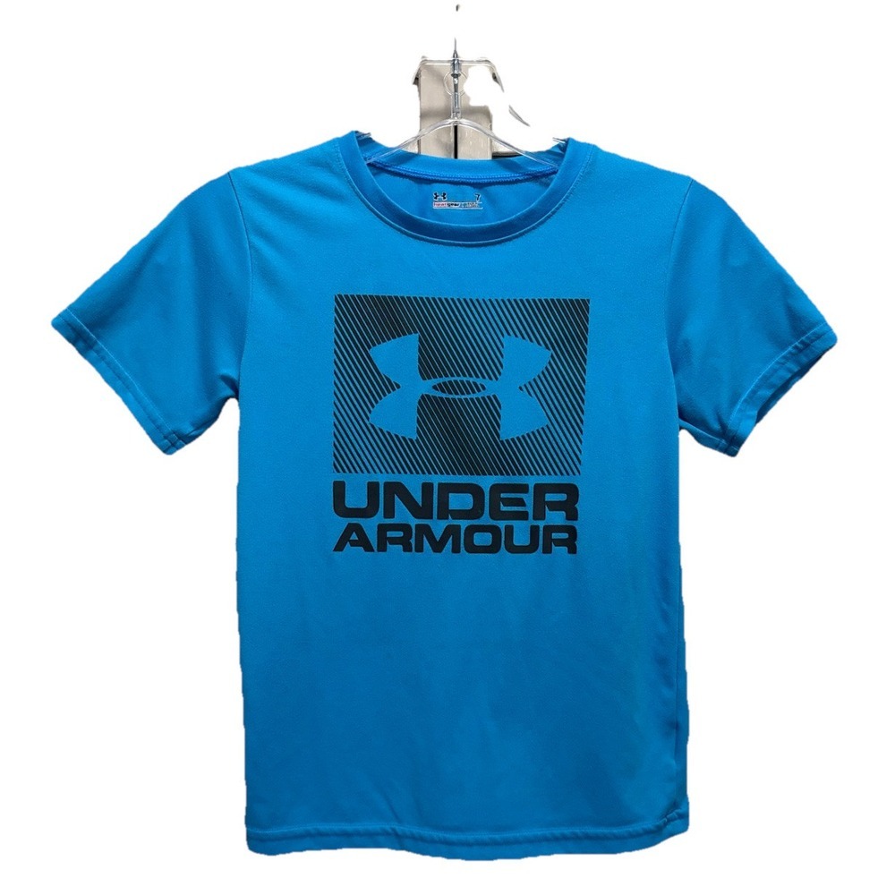 Under Armour Heatgear Teal/Black Logo‎ Graphic Tee Size 7 Short Sleeve Crew Neck